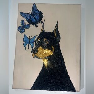 Black and Gold Dog Art with Blue Butterflies